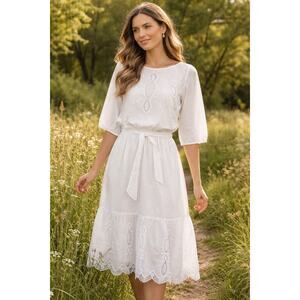 Lauren by Ralph Lauren White Eyelet 100% Cotton Midi Dress M Boho Cottage $225